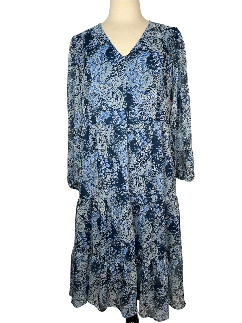 Joie Blue Paisley Tiered V-Neck Long Sleeve Dress